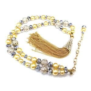 Artisan Gold Pearl Rhinestone Tassel Necklace 22” Vintage Inspired Jewelry